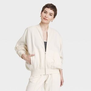 Universal Thread Women's Leisure Studio Fleece Bomber Jacket Cream
